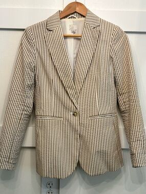 A new day -Tan and White Striped Seersucker Blazer